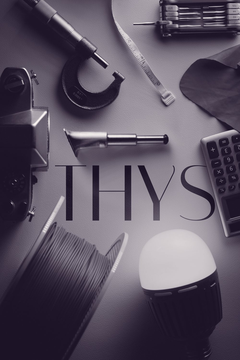 Shoemaking and engineering tools laid around the THYS heel and wordmark