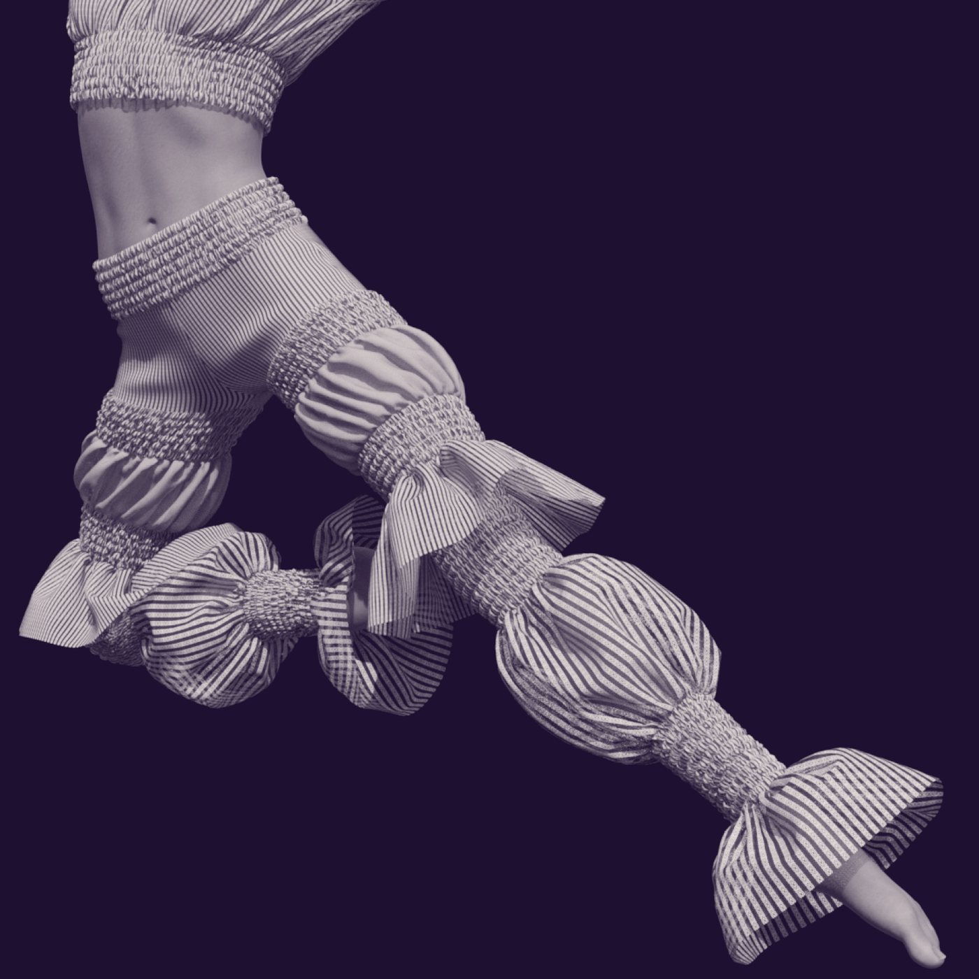 A dancer mid-leap in striped, gathered trousers