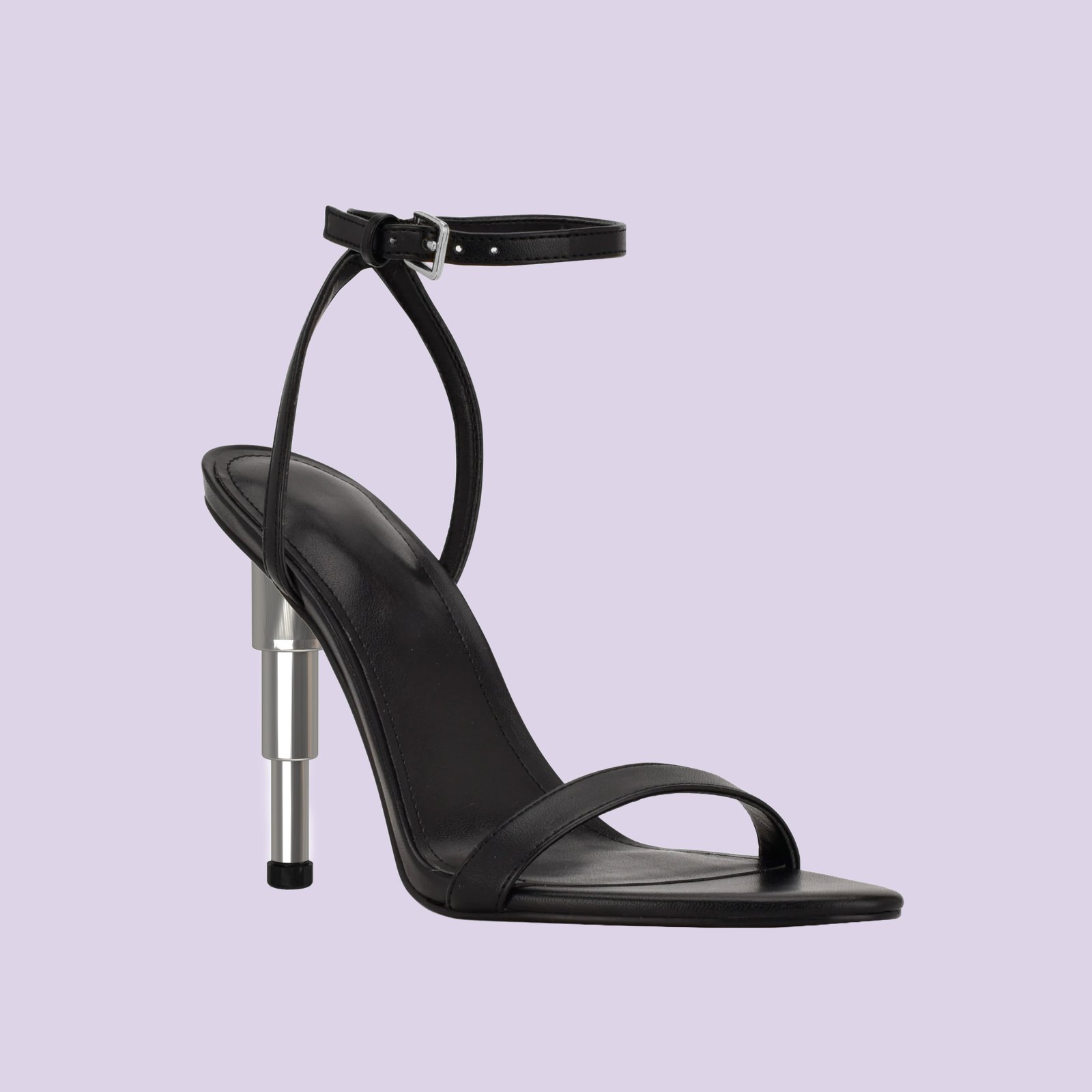 A black leather ankle-strap sandal on the THYS telescoping steel heel